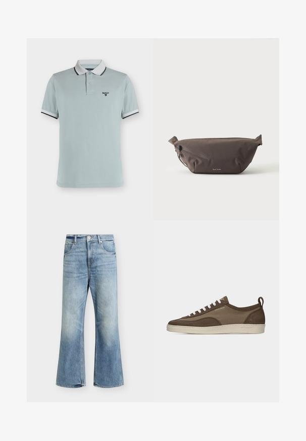Polo manches courtes bleu clair avec col et poignets blancs, bordure noire, deux boutons et logo Barbour sur le côté gauche de la poitrine.; Jean bleu clair taille haute jambe large, fermeture devant par bouton et zip, deux poches avant et délavage subtil sur les cuisses et les genoux.; Baskets basses marron à profil bas avec lacets blancs, semelle beige, dessus en tissu et daim, languette latérale et logo "Tiger of Sweden" en texte doré.; Sac banane en tissu marron foncé avec poche zippée en diagonale et petit logo blanc sur le devant, sur un fond clair uni.