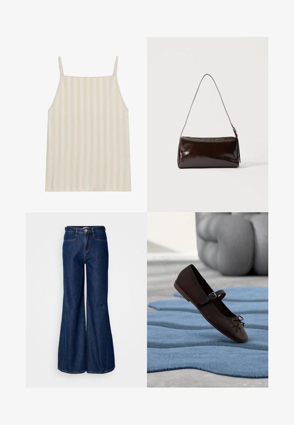 Camisole beige clair avec un motif à rayures verticales, fines bretelles réglables et coupe décontractée. Texture lisse avec un léger éclat.; Jean en denim foncé à jambe large avec une taille haute, cinq poches et fermeture à bouton en métal. Texture lisse et détails de couture subtils.; Chaussure plate Mary Jane marron foncé avec boucle et détail nœud reposant sur un tapis texturé bleu ondulé, et un canapé gris rembourré en arrière-plan.; Sac à bandoulière rectangulaire en cuir marron foncé avec une seule sangle fine et une boucle dorée sur un fond uni.