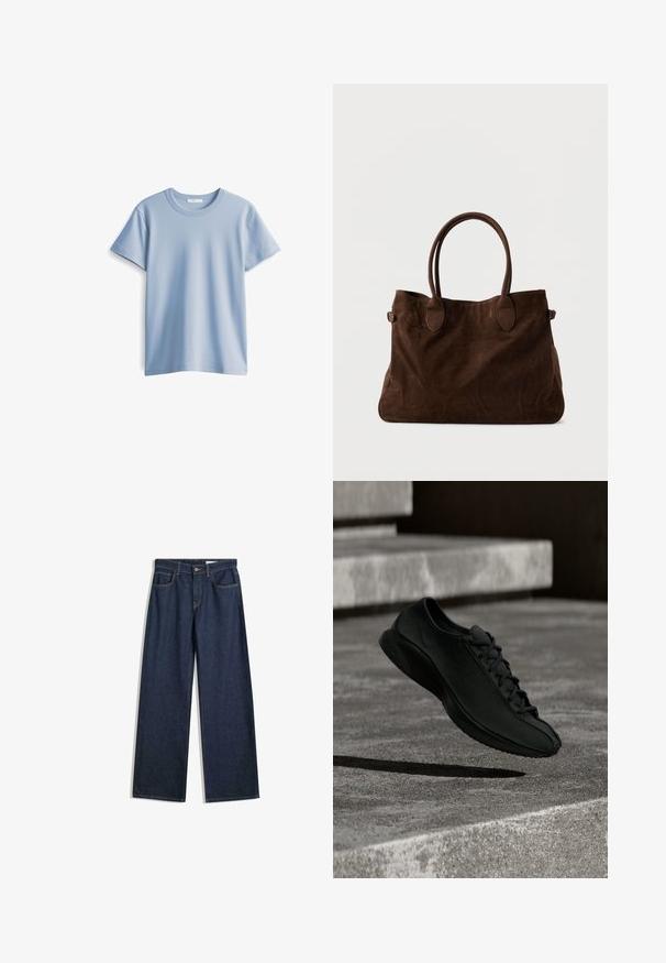 Lichtblauwe katoenen t-shirt met een ronde hals en korte mouwen. Glad textuur en rechte zoom, eenvoudig en klassiek ontwerp.; Brede donkerdenim jeans met vijf zakken, zichtbare stiksels en een knoopsluiting. Beschikt over een recht pasvorm en lichte slijtage.; Zwarte sportschoen met een gladde textuur, afgeronde neus en platte zool. Voorzien van een subtiel logo en traditioneel vetersysteem, zwevend boven beton.; Bruine suède tote bag met twee lange handvatten, ovale accenten en een ruime uitstraling. Zachte textuur en minimalistisch uiterlijk.
