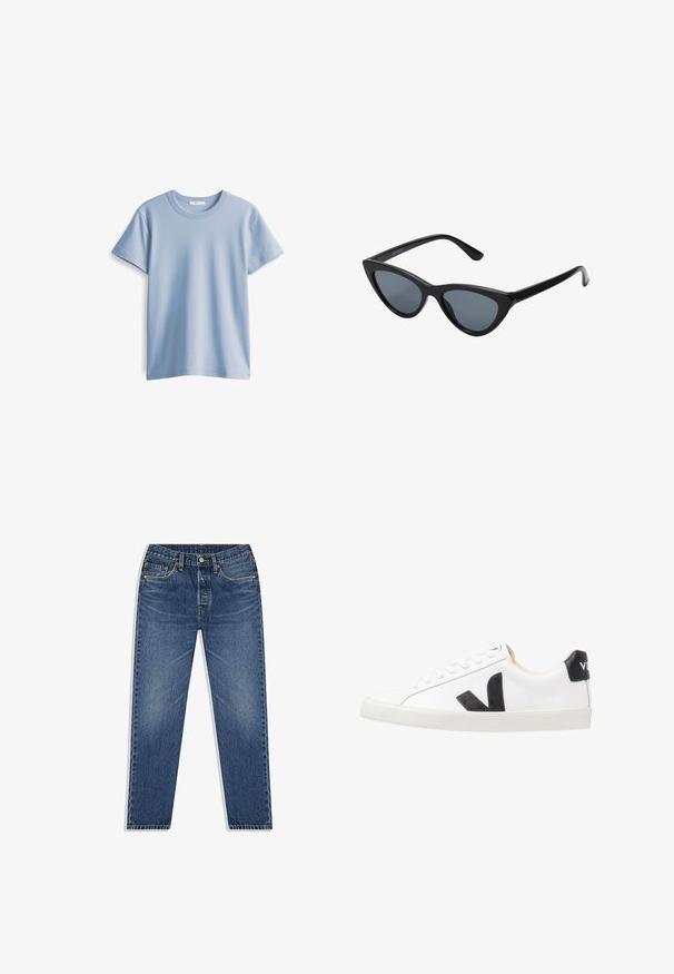 Lichtblauwe katoenen t-shirt met een ronde hals en korte mouwen. Glad textuur en rechte zoom, eenvoudig en klassiek ontwerp.; Blauwe denim jeans met een recht uitlopende pijp, voorzien van een knoop- en ritssluiting, vijf zakken en subtiele vervaging in de was.; Witte sneaker met een zwart V-logo, voorzien van een gladleren bovenwerk, ronde neus, vetersluiting en een contrasterende zwarte hieltab.; Zwarte cat-eye zonnebril met donkergrijze lenzen, slank plastic frame, puntige hoeken en rechte pootjes. Geen zichtbare hardware of accenten.