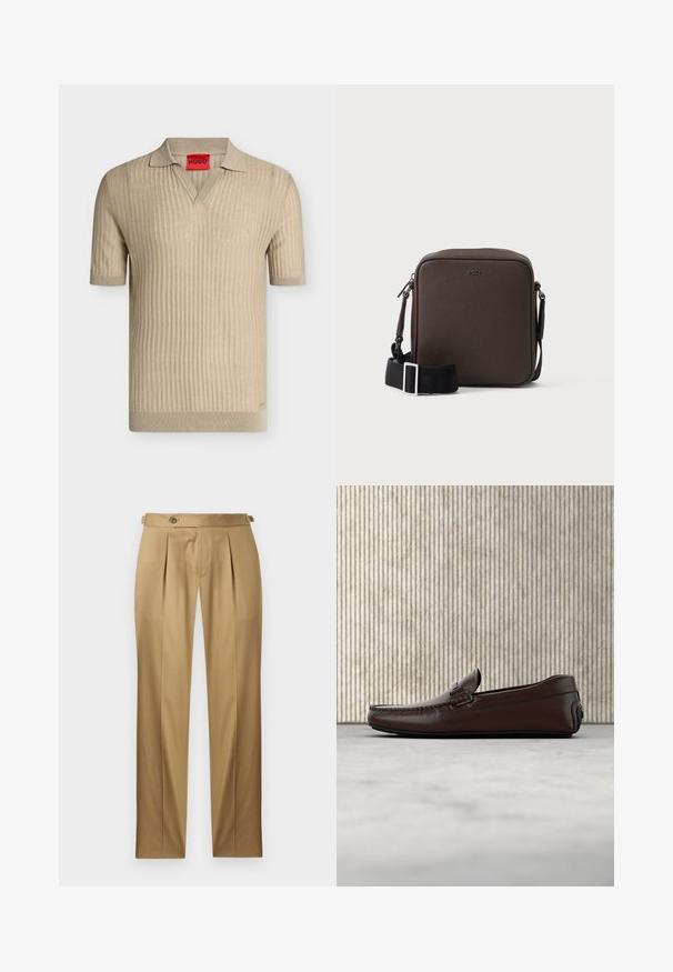 Polo en maille beige à manches courtes avec texture côtelée et col en V, avec une étiquette rouge portant le nom de la marque "HUGO" à l'intérieur du col.; Pantalon beige à coupe droite, avec des plis, une fermeture à boutons et des passants pour ceinture. Tissu lisse avec un aspect net et ajusté.; Mocassins en cuir marron avec une finition lisse, des coutures de style mocassin, un bout rehaussé et une semelle en caoutchouc basse et flexible.; Petit sac bandoulière en cuir marron avec une bandoulière noire réglable et des boucles argentées, embossé avec le logo BOSS au centre devant.