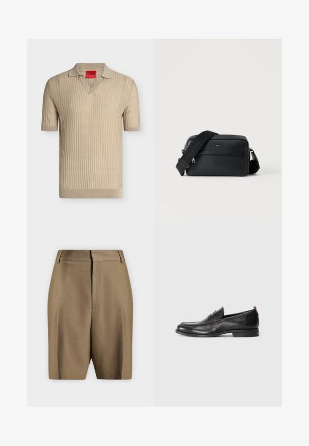 Polo en maille beige à manches courtes avec texture côtelée et col en V, avec une étiquette rouge portant le nom de la marque "HUGO" à l'intérieur du col.; Shorts sur mesure couleur fauve longueur genou avec passants de ceinture et fermeture avant dissimulée, présentés sur un fond clair uni.; Mocassins en cuir noir avec un bout arrondi, des détails cousus et un petit accent rouge au niveau du talon. Semelle en caoutchouc à profil bas.; Sac bandoulière en cuir noir texturé avec poche avant zippée et bandoulière large en tissu réglable sur fond blanc.