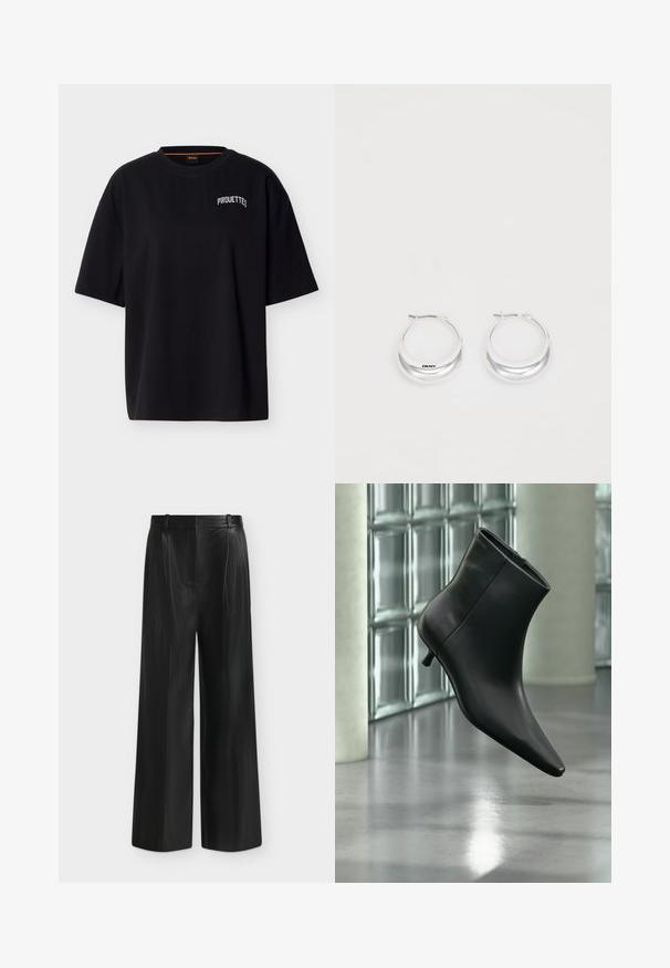 T-shirt noir à manches courtes avec le texte blanc « PIROUETTES » sur la partie supérieure gauche de la poitrine et un col rond.; Pantalon noir à jambes larges en simili cuir, taille haute et détail de ceinture sur le côté, sur fond gris clair.; Bottine en cuir noir à bout pointu et petit talon kitten, présentée en angle devant un sol poli et un mur en blocs de verre.; Boucles d'oreilles en argent avec une finition polie et un branding DKNY, présentées sur un fond blanc uni.