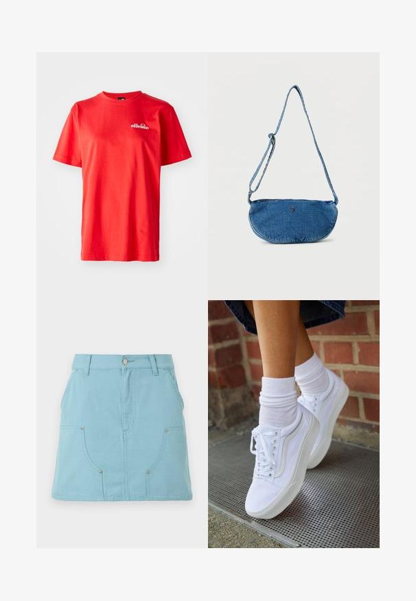 T-shirt en coton rouge à manches courtes, col rond, avec un petit logo blanc sur la poitrine. Texture lisse avec une coupe classique.; Jupe trapèze bleu clair avec poches avant, passants pour ceinture et fermeture à bouton à la taille, présentée sur un fond blanc.; Baskets en toile blanches avec semelles en caoutchouc, dotées de six œillets, d'un bout rond et de détails de couture légers, portées avec des chaussettes blanches mi-mollet.; Sac bandoulière en jean bleu avec sangle ajustable et petit logo métallique sur le devant, présenté sur fond blanc.