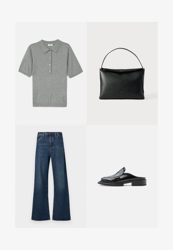 Graues Poloshirt aus weichem, strukturiertem Stoff mit Kragen, kurzen Ärmeln und einer Knopfleiste mit vier Knöpfen.; Dunkelblaue High-Waist-Denim-Jeans mit ausgestelltem, weitem Bein, vorderer Knopf- und Reißverschluss sowie vorderen Taschen.; Schwarzer Leder-Slipper mit niedrigem, gestapeltem Absatz und aufgestepptem Detail am Obermaterial, seitlich auf einem einfarbigen Hintergrund gezeigt.; Schwarze Lederhandtasche mit glatter Textur, einem geschwungenen Henkel und einem Reißverschlussdetail in Goldoptik. Minimalistisches Design mit einem dezenten Logo.