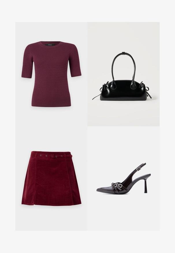 Korte mouwen top in diep bordeaux, met een geribbelde textuur en ronde halslijn. Gemaakt van zachte stof, ontworpen voor comfort en pasvorm.; Donkerrode corduroy rok met een bijpassende riem en metalen oogjes, met een lichte A-lijn vorm en detail op het voorpaneel.; Zwart lakleren slingback pumps met hoge hak, puntige neus en drie decoratieve riemen met gespen over de wreef.; Kleine zwarte glanzende handtas met twee lange hengsels en zijkant trekkoord details op een effen lichte achtergrond.