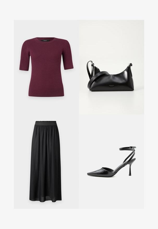 Korte mouwen top in diep bordeaux, met een geribbelde textuur en ronde halslijn. Gemaakt van zachte stof, ontworpen voor comfort en pasvorm.; Zwarte mid-length rok van lichtgewicht stof, met een elastische tailleband en een vloeiende pasvorm met een gladde textuur.; Zwarte pumps met puntige neus, dunne enkelbandjes en een zilveren gesp op een effen lichte achtergrond.; Zwarte leren handtas met een gladde textuur. Beschikt over een verstelbare schouderband en een strak, minimalistisch ontwerp met een ritssluiting.
