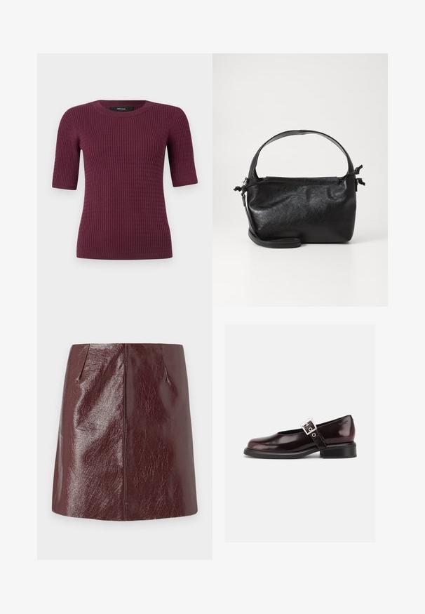Kortærmet top i dyb bordeaux, med ribbet tekstur og rund halsudskæring. Fremstillet af blødt stof, designet til komfort og pasform.; Vero Moda VMNELLY SKIRT - Mini skirts - wine tasting; En enkelt blank mørk burgunder Mary Jane sko med bred rem og sølvspænde, lav blokhæle og rundet tå på hvid baggrund.; Sort læderhåndtaske med et struktureret design, rund tophåndtag og aftagelig skulderrem. Den har en glat tekstur og en subtil glans.