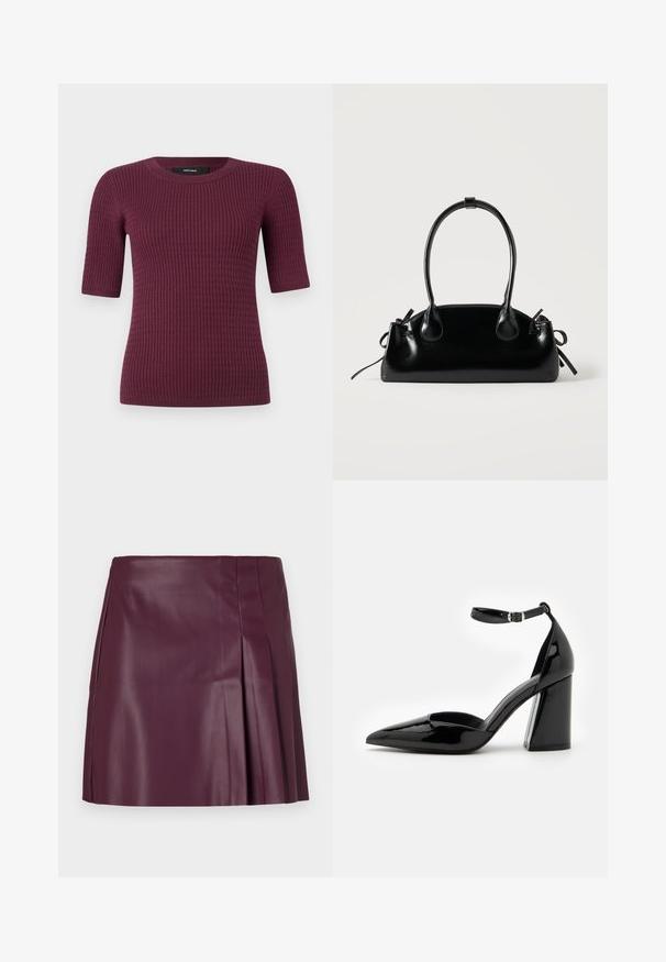 Kortærmet top i dyb bordeaux, med ribbet tekstur og rund halsudskæring. Fremstillet af blødt stof, designet til komfort og pasform.; ONLY ONLARTZY Short - Mini skirts - mauve wine; Sorte patenterede læder høje hæle med spids tå, ankelrem og bred blokhæle for stabilitet, med en glat og skinnende overflade.; Lille sort blank håndtaske med to lange håndtag og snøre-detaljer i siden på en ensfarvet lys baggrund.