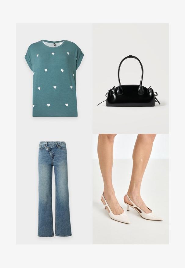 Chemise bleu sarcelle à manches courtes avec revers, petits motifs de cœurs blancs éparpillés, et un col rond.; Jean en denim bleu clair à jambes larges avec une taille haute, un délavage clair et une fermeture à bouton à l'avant. Comprend cinq poches et des coutures minimales.; Escarpins à talon slingback en cuir verni beige avec un bout pointu et un talon de 5 cm, présentant des côtés découpés et une fine bride à la cheville.; Petit sac à main noir brillant avec deux longues anses et des détails à cordon sur les côtés sur un fond clair uni.