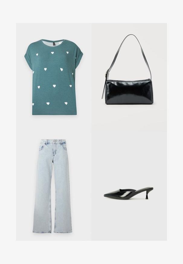 Chemise bleu sarcelle à manches courtes avec revers, petits motifs de cœurs blancs éparpillés, et un col rond.; Jeans large bleu clair en denim, avec une taille haute, des passants de ceinture, cinq poches et des zones décolorées pour un aspect vintage.; Mules en cuir verni noir avec un bout pointu, un petit talon et des côtés courbés, présentant une finition brillante et un design minimaliste.; Sac d'épaule rectangulaire noir avec une sangle réglable unique et une fermeture éclair supérieure sur un fond uni.