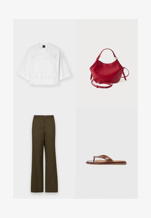 Top court blanc à manches courtes et larges, avec broderie florale découpée sur le panneau avant, suspendu devant un fond uni.; Pantalons larges en velours olive, fabriqués en tissu en mélange de coton. Comprend une fermeture à bouton à l'avant, des passants de ceinture et deux poches latérales.; Tongs en cuir marron avec une bride texturée et une semelle intérieure lisse. Présente un design minimaliste et une semelle plate, adaptées pour un usage décontracté.; Sac à main en cuir rouge avec une texture douce, un design incurvé, des poignées courtes et une bandoulière réglable. Doté d'un accent triangulaire argenté.
