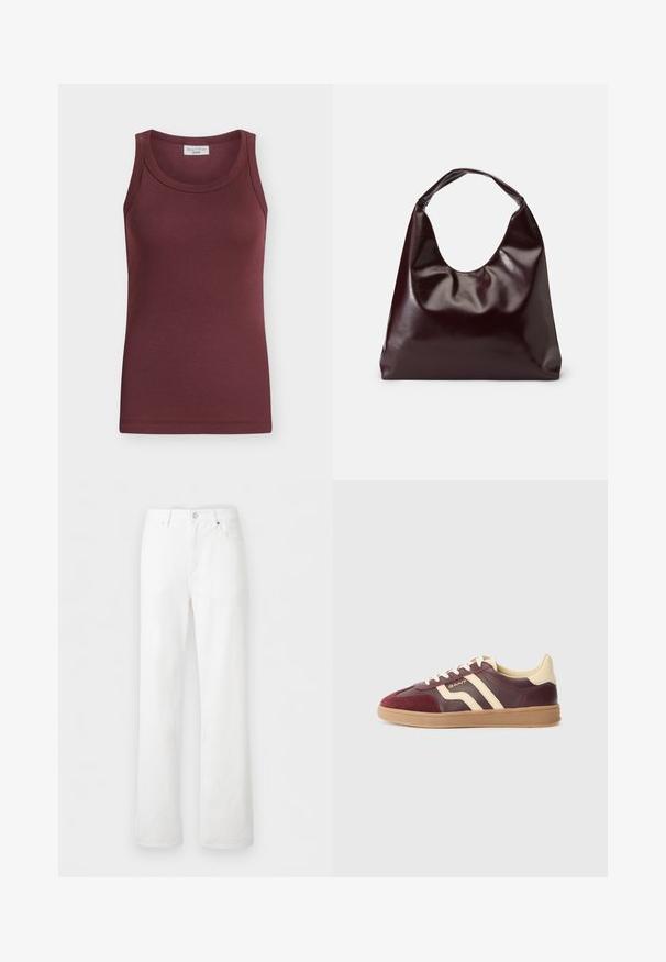 Débardeur côtelé sans manches de couleur bordeaux foncé, avec un col rond et une étiquette "Marc O’Polo Denim" à l'intérieur du col.; Jean en denim blanc taille haute avec jambes droites, passants de ceinture, bouton à l'avant, fermeture éclair, et poches devant et derrière sur un fond clair.; Baskets en cuir bordeaux et crème avec des détails en daim, présentant deux rayures diagonales, une semelle en caoutchouc texturée et un design à bout arrondi.; Sac en cuir vegan bordeaux, brillant, avec une forme douce et sculpturale et une large poignée incurvée pour un transport facile.