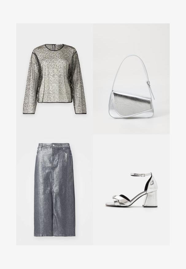 Top transparente de manga larga con un embellimiento texturizado en plateado y negro, escote redondo y apertura en forma de llave en la parte posterior. Un ribete negro adorna las mangas.; Falda de mezclilla metálica plateada, a la altura de la rodilla, con forma estructurada, cierre frontal de botones y trabillas para cinturón. Textura lisa con diseño minimalista.; Sandalias de tacón alto metálicas plateadas con diseño de tiras cruzadas, correa en el tobillo y tacón bloque. Superficie suave con forro interior negro.; Bolso de mano metálico plateado con forma triangular, textura suave y una fina correa de hombro ajustable. Presenta un diseño plegable con costuras.