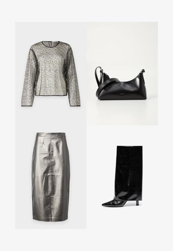Top transparente de manga larga con un embellimiento texturizado en plateado y negro, escote redondo y apertura en forma de llave en la parte posterior. Un ribete negro adorna las mangas.; Falda lápiz metálica plateada en un material suave y brillante. Presenta una cintura alta, una abertura trasera y detalle de costura central.; Botín de cuero negro hasta el tobillo con punta afilada y tacón cuadrado, que presenta un caña alta y brillante y un acabado texturizado en la parte inferior.; Bolso de mano de cuero negro con una textura suave. Cuenta con una correa ajustable y un diseño elegante y minimalista con cierre de cremallera.