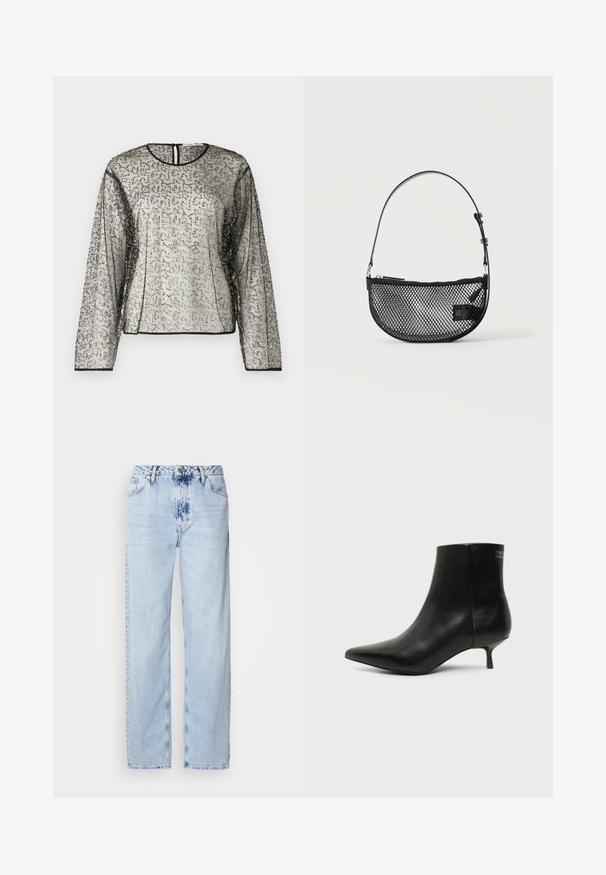 Top transparente de manga larga con un embellimiento texturizado en plateado y negro, escote redondo y apertura en forma de llave en la parte posterior. Un ribete negro adorna las mangas.; Jeans de pierna ancha en azul claro, confeccionados en denim, con una cintura alta, un lavado desgastado y un sutil patrón de tie-dye en la parte delantera.; Botín de piel negra con puntera puntiaguda y tacón bajo estilo kitten sobre fondo claro, mostrando vista lateral exterior.; Bolso de malla negra en forma de media luna con una correa corta ajustable de cuero y cierre de cremallera sobre un fondo claro y liso.