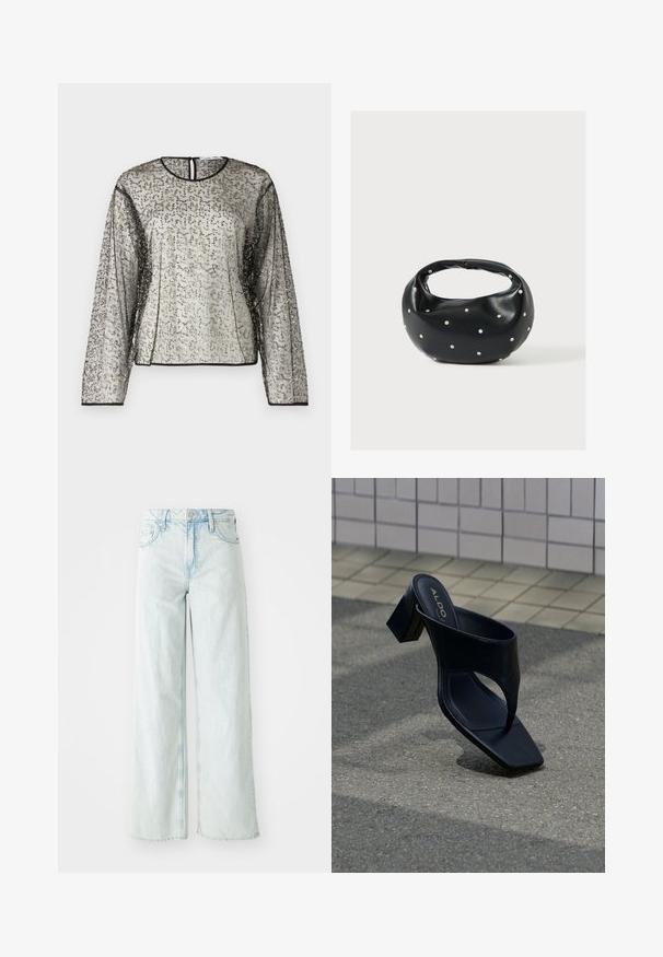 Top transparente de manga larga con un embellimiento texturizado en plateado y negro, escote redondo y apertura en forma de llave en la parte posterior. Un ribete negro adorna las mangas.; Jeans de pierna ancha de talle alto en denim de color azul claro. Cuenta con cinco bolsillos y cierre de botón. Textura desgastada en los muslos.; Sandalia negra de tacón con puntera cuadrada y tiras anchas, colocada sobre asfalto gris cerca de una pared con azulejos.; Bolso de mano de cuero negro con forma redondeada, decorado con detalles de tachuelas plateadas y un asa corta. Textura lisa y cierre con cremallera.