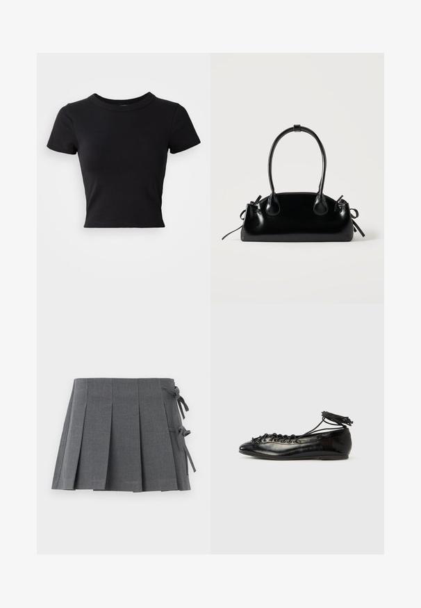 Sort cropped t-shirt lavet af solid bomuld, med korte ærmer og rund halsudskæring, med et glat og enkelt design.; Grå plisseret mininederdel i et struktureret stof med bindelukning på den ene side og en glat linning for øget komfort.; Sorte balletflade sko i laklæder med rundet tå, snørelukning og flad sål. Glat tekstur med få detaljer.; Lille sort blank håndtaske med to lange håndtag og snøre-detaljer i siden på en ensfarvet lys baggrund.