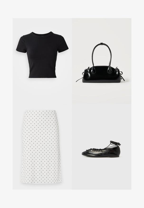 Camiseta corta negra hecha de algodón sólido, con mangas cortas y un cuello redondo, de diseño suave y sencillo.; Falda lápiz blanca con un estampado de lunares negros, hasta la rodilla con cintura ajustada y textura de tela suave.; Zapatos planos tipo ballet de charol negro con punta redondeada, diseño con cordones y suela plana. Textura lisa con detalles mínimos.; Pequeño bolso negro brillante con dos asas largas y detalles de cordón lateral sobre un fondo claro liso.