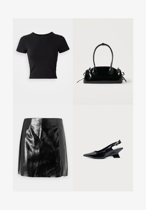 Camiseta corta negra hecha de algodón sólido, con mangas cortas y un cuello redondo, de diseño suave y sencillo.; Mini falda de cuero sintético negro brillante con detalles de costura sutiles y una ligera abertura frontal sobre un fondo blanco.; Zapato slingback de cuero charol negro con puntera puntiaguda y tacón bajo en bloque inclinado sobre fondo claro liso.; Pequeño bolso negro brillante con dos asas largas y detalles de cordón lateral sobre un fondo claro liso.