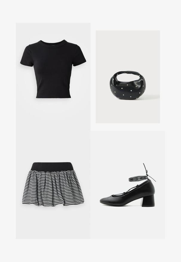Schwarzes, cropped T-Shirt aus festem Baumwollstoff, mit kurzen Ärmeln und rundem Halsauschnitt, das ein glattes und einfaches Design aufweist.; Schwarz-weißer gestreifter Rock mit einem gerafften Design und elastischem Bund, gefertigt aus weichem Material. Verfügt über eine ausgestellte Form für mehr Weite.; Schwarzer Lederschuh mit mittlerem Absatz, spitzer Schuhspitze, gekreuzten Riemen und Wickelverschluss um den Knöchel auf weißem Hintergrund.; Schwarze Lederhandtasche mit abgerundeter Form, verziert mit silbernen Nietenakzenten und kurzem Griff. Glatte Struktur und Reißverschlussverschluss.