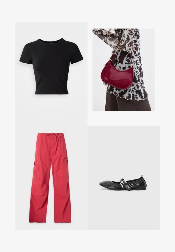 Schwarzes, cropped T-Shirt aus festem Baumwollstoff, mit kurzen Ärmeln und rundem Halsauschnitt, das ein glattes und einfaches Design aufweist.; Rote locker sitzende Cargohosen mit Kordelzugbund und Seitentaschen, auf weißem Hintergrund dargestellt.; Schwarze Leder-Ballerinas mit spitzem Zehenbereich, gerafften Details am Schaft und einem silbernen Schnallenakzent am verstellbaren Riemen.; Frau trägt eine schwarz-weiß gemusterte Bluse und hält eine glänzende rote Schultertasche vor einem einfarbigen Hintergrund.