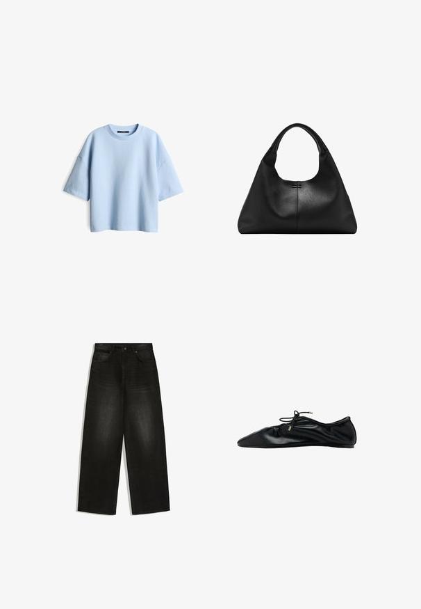 Lichtblauwe oversized t-shirt van textuurstof met een ronde halslijn en korte mouwen. Heeft een relaxte pasvorm en een minimalistisch ontwerp.; Zwarte denim jeans met wijde pijpen, knoop- en ritssluiting aan de voorkant, riemlussen en twee voorzakken op een witte achtergrond.; Zwarte leren ballerina met een geraffineerde neus en veter met metalen uiteinden, minimalistisch en slank zijaanzicht.; Zwarte handtas van getextureerd leer met brede basis en dikke afgeronde handgrepen, met een centrale verticale naad en subtiele stikdetails.