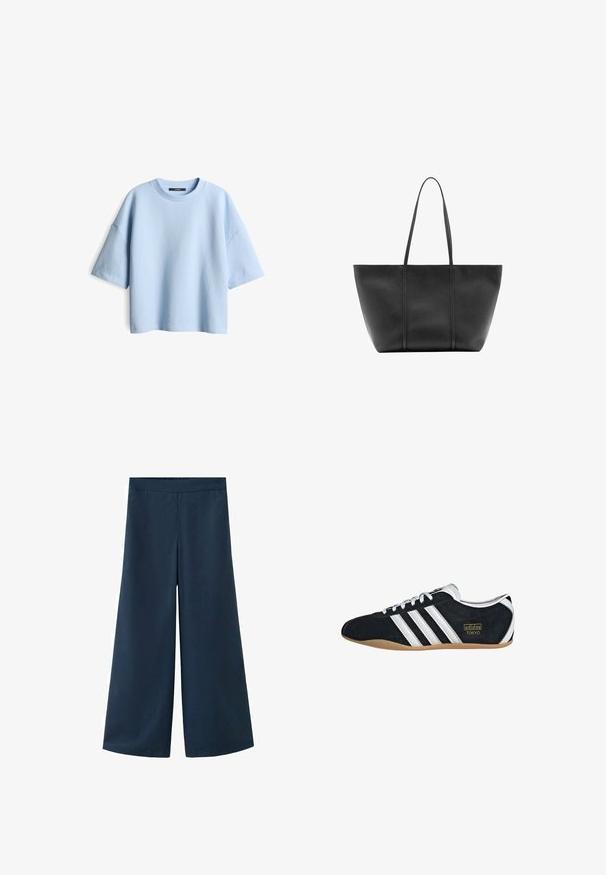 Hellesblaues, übergroßes T-Shirt aus strukturiertem Stoff mit Rundhalsausschnitt und kurzen Ärmeln. Es verfügt über einen lockeren Schnitt und ein minimales Design.; Marineblaue Hosen mit weitem Bein und elastischem Bund. Hergestellt aus einem glatten, leichten Stoff, mit einer legeren Silhouette und ohne sichtbare Nähte.; Schwarze Wildledersneaker mit drei weißen Streifen, goldenem Logo und brauner Gummisohle. Merkmale ein niedrigprofiliertes Schnürdesign.; Schwarze Ledertasche mit langen schlanken Henkeln, einer strukturierten Oberfläche und einem weit geöffneten oberen Bereich.