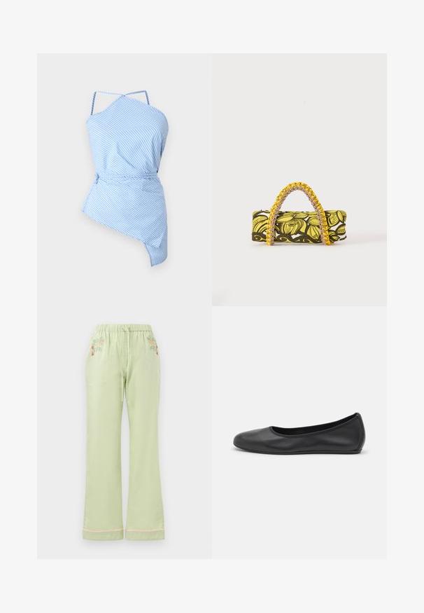 Haut rayé bleu et blanc avec une coupe asymétrique, des fines bretelles et une taille à cordon de serrage pour un ajustement réglable. Tissu léger avec une texture lisse.; Pantalon vert clair, à coupe loose, avec une taille élastique et un cordon de serrage. Présente une broderie florale à l'avant et un détail d'ourlet rose.; Ballerines en cuir noir avec un bout rond, texture lisse, détails de couture minimalistes et design de semelle flexible.; Sac rectangulaire avec motif floral jaune et noir et anse tressée jaune et rose sur fond blanc.