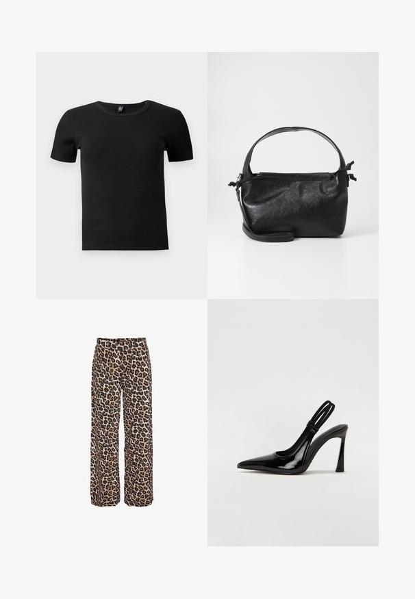 T-shirt noir à manches courtes en tissu côtelé. Doté d'un col rond classique et d'une silhouette ajustée. Sans accents supplémentaires.; Pantalon à jambes larges avec motif léopard marron, noir et beige, doté d'une taille haute et d'une coupe ample.; Escarpin en cuir verni noir à talon aiguille, à bout pointu, avec une sangle élastique double pour un maintien sécurisé. Surface lisse et brillante.; Sac à main en cuir noir au design structuré, avec une poignée arrondie et une bandoulière amovible. Présente une texture lisse et un éclat subtil.