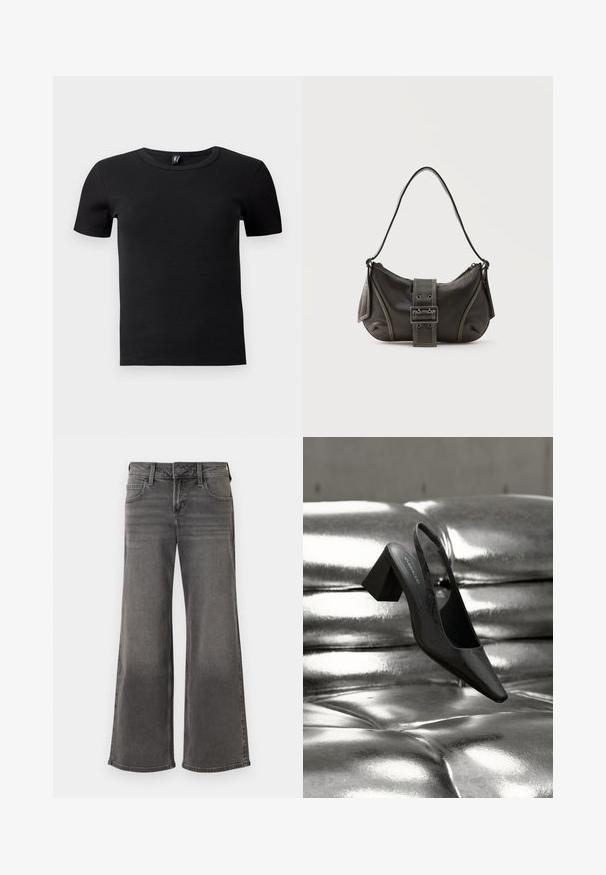 T-shirt noir à manches courtes en tissu côtelé. Doté d'un col rond classique et d'une silhouette ajustée. Sans accents supplémentaires.; Jean large gris en denim, présentant un design classique à cinq poches, fermeture à bouton et détails de couture le long des coutures.; Escarpin noir à bride arrière avec bout pointu, présentant une surface texturée et un talon bloc épais. Posé sur un fond métallique brillant.; Sac à épaule en cuir noir avec une sangle à boucle, des bords arrondis et des coutures blanches contrastées sur un fond uni.