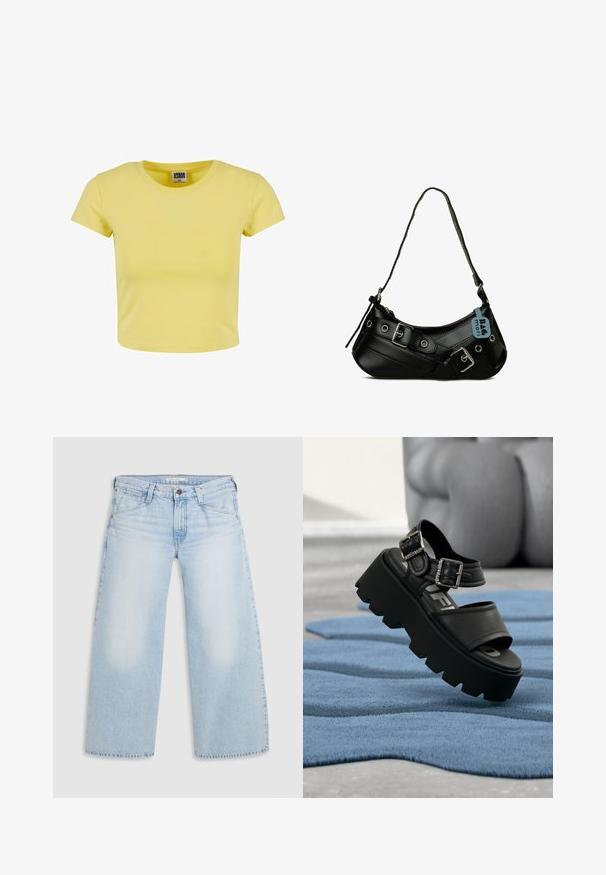 Crop top en coton jaune avec des manches courtes, un col rond et une texture douce. Étiquette « URBAN CLASSICS » visible au niveau du col.; Jean large bleu clair en denim. Présente une coupe droite, un design à cinq poches et une fermeture par bouton à la taille.; Sandale plateforme noire épaisse avec deux boucles argentées sur un tapis bleu texturé, sculpture grise floue en arrière-plan.; Sac à main synthétique noir avec une forme courbée, une bandoulière réglable et des boucles décoratives en métal. Présente une texture lisse et brillante.