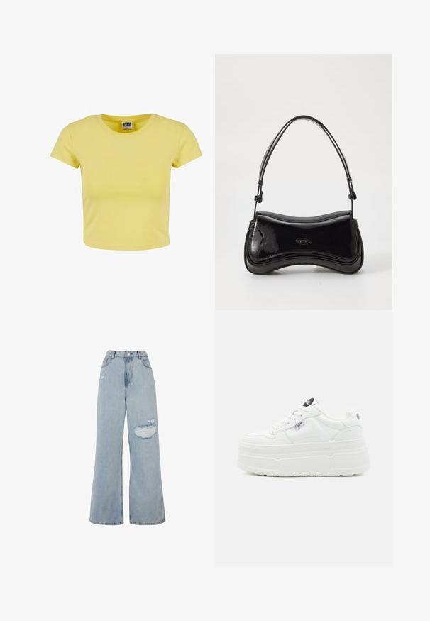 Crop top en coton jaune avec des manches courtes, un col rond et une texture douce. Étiquette « URBAN CLASSICS » visible au niveau du col.; Jean large en denim délavé avec taille haute, zones déchirées et ourlet brut. Texture douce avec une coupe ample.; Baskets plateforme blanches avec un extérieur synthétique lisse, un bout arrondi, un col rembourré et une semelle texturée. Présente une étiquette logo contrastante.; Sac à main en vernis noir avec une forme courbée, une poignée unique et un fond arrondi. Présente un détail de logo discret à l'avant.