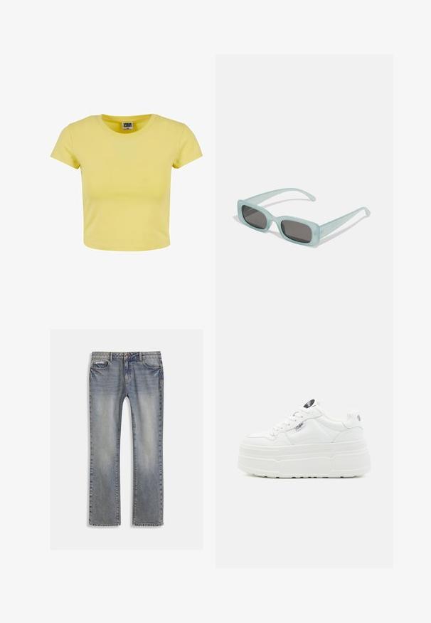 Κίτρινο βαμβακερό crop top με κοντό μανίκι, στρογγυλή λαιμόκοψη και μαλακή υφή. Ετικέτα με την ένδειξη "URBAN CLASSICS" ορατή στη λαιμόκοψη.; Τζιν παντελόνι σε ανοιχτό μπλε χρώμα με ίσια γραμμή, ξεθωριασμένη υφή, πέντε τσέπες και αντίθετες ραφές.; Λευκά αθλητικά παπούτσια με επίπεδη σόλα, με λεία συνθετική επιφάνεια, στρογγυλή μύτη, μαλακή κολόνα και υφασμάτινη σόλα. Διαθέτουν ετικέτα λογότυπου σε αντίθεση.; Ενα ζευγάρι ορθογώνια γυαλιά ηλίου με ανοιχτό μπλε ημιδιαφανείς σκελετούς και σκούρους γκρι φακούς, διαθέτοντας ίσιες βραχίονες και ελάχιστες λεπτομέρειες υλικών.