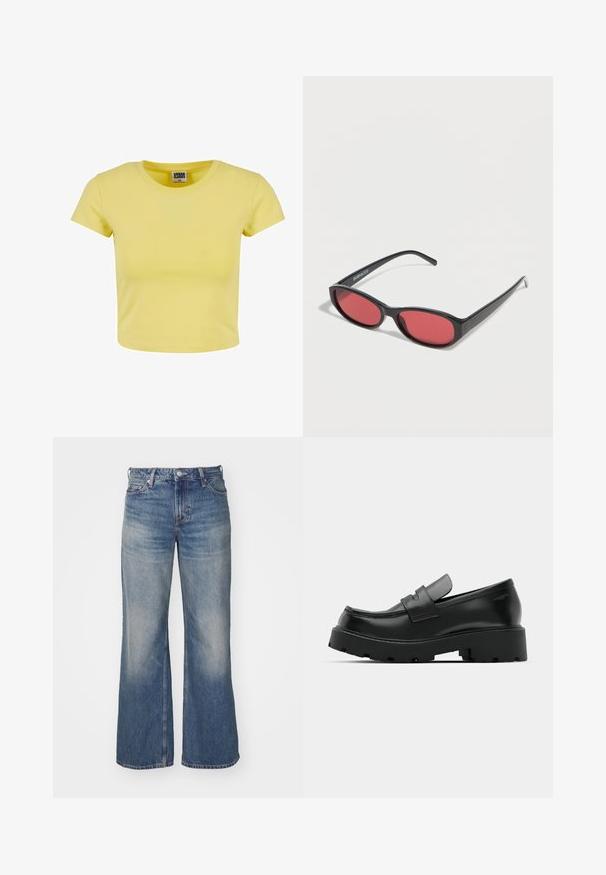 Crop top en coton jaune avec des manches courtes, un col rond et une texture douce. Étiquette « URBAN CLASSICS » visible au niveau du col.; Jean en denim bleu clair avec un design à jambes larges, présentant un délavage, cinq poches et un zip à bouton. Surpiqûres détaillées le long des coutures.; Mocassins en cuir noir avec une semelle épaisse et texturée, dotés d'une sangle sur le vamp et d'une finition lisse et polie.; Lunettes de soleil ovales noires avec des branches fines et des verres teintés rouges posées sur une surface blanche.