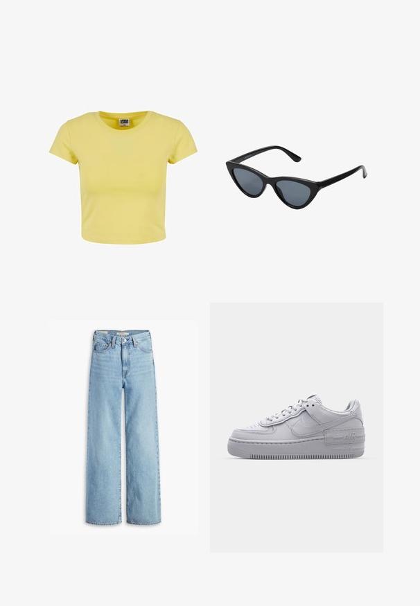 Crop top en coton jaune avec des manches courtes, un col rond et une texture douce. Étiquette « URBAN CLASSICS » visible au niveau du col.; Jean large taille haute en denim bleu clair avec fermeture à bouton et zip à l'avant, passants de ceinture et cinq poches.; Basket en cuir lisse gris Nike Air Force 1 avec un bout perforé, une semelle épaisse et un détail 'AIR' en relief sur le talon.; Lunettes de soleil noires en forme d'œil de chat avec des verres gris foncé, monture en plastique élégante, coins pointus et branches droites. Pas de métal visible ni d'accents.