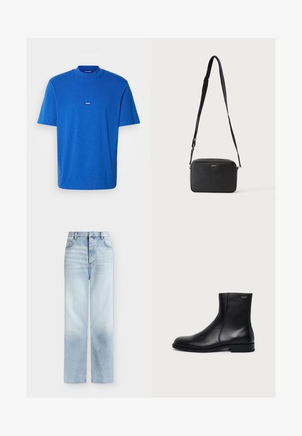 Blauwe katoenen T-shirt met korte mouwen, een ronde hals en een klein logo-embleem op de borst. Glad textuur met een relaxte pasvorm.; Lichtblauwe, hoog getailleerde, rechte jeans met voorzakken, riemlussen en een knoopsluiting.; Zwarte leren enkellaars met lage hak, zijstiksels en klein "HUGO" logo op de bovenste boord tegen een effen achtergrond.; Zwarte rechthoekige crossbodytas met verstelbare band en BOSS-logo aan de voorkant, tegen een effen lichte achtergrond.