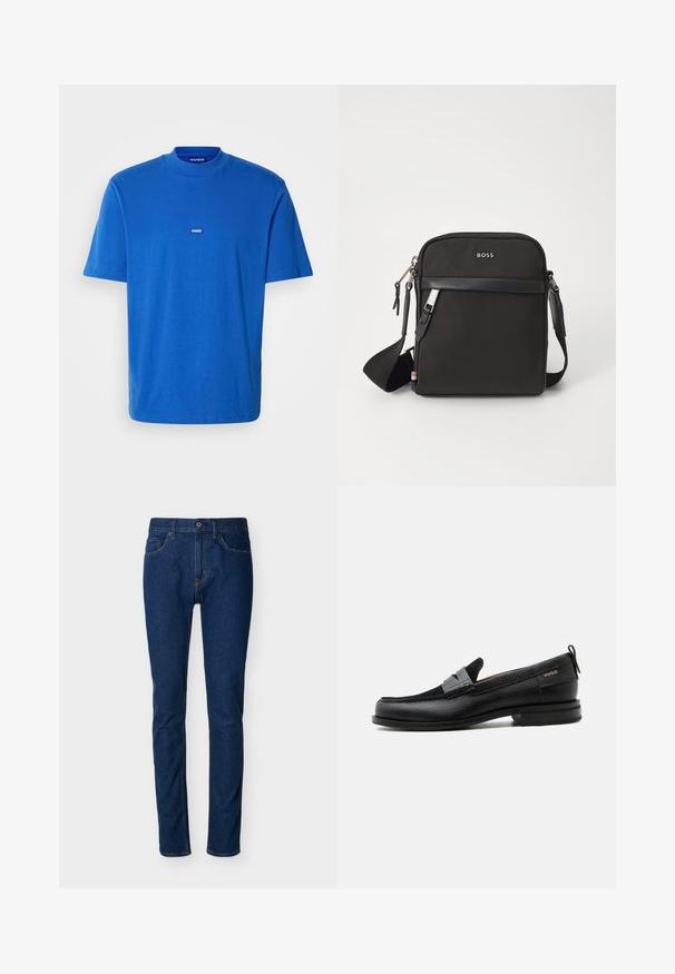 Camiseta de algodón azul con mangas cortas, cuello redondo y un pequeño parche con logo en el pecho. Textura suave con un corte relajado.; Vaqueros de mezclilla azul oscuro con un corte ajustado, diseño de cinco bolsillos, costuras visibles y cierre con botón en la cintura. Textura suave.; Mocasín de cuero negro con detalle de tira gris, tacón bajo y suela texturizada, con la marca "HUGO" en oro en el lateral.; Bolso bandolero negro con un tejido texturizado, logo en la parte frontal, cierre de cremallera y correa ajustable. Presenta un ribete de cuero suave.
