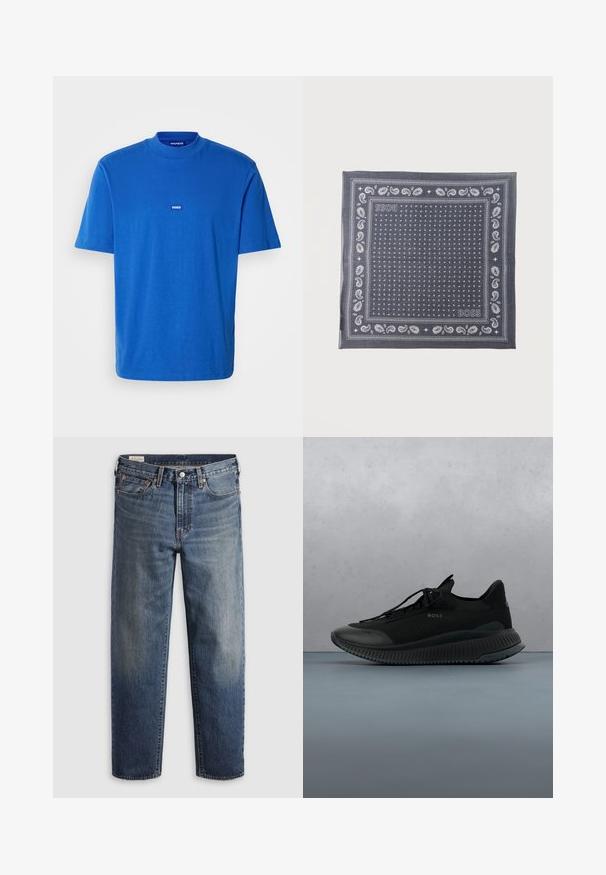 Camiseta de algodón azul con mangas cortas, cuello redondo y un pequeño parche con logo en el pecho. Textura suave con un corte relajado.; Vaqueros de mezclilla azul oscuro con un ajuste relajado, piernas rectas, diseño de cinco bolsillos y un sutil desvanecimiento en los muslos. Botón y remaches plateados.; Zapatilla deportiva negra con parte superior de malla, suela de goma y diseño de cordones. Presenta un acabado texturizado y un sutil logo en el lateral.; Pañuelo gris oscuro con patrón de cachemira blanco, pequeños puntos y el logo "BOSS" en dos esquinas sobre un fondo liso.