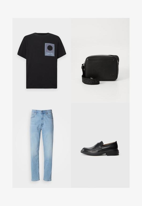 Μαύρο βαμβακερό T-shirt με κοντά μανίκια, με γραφικό τσέπης στο στήθος σε μπλε χρώμα με κάθετες ρίγες και κυκλικό σχέδιο.; Ανοιχτό μπλέ τζιν παντελόνι με ίσια γραμμή, πέντε τσέπες και θηλιές ζώνης. Το ύφασμα έχει απαλή υφή με ελαφριά φθορά.; Μαύρο δερμάτινο παπούτσι με χαμηλό τακούνι και διακριτικό λογότυπο Calvin Klein στο πλάι, παρουσιασμένο σε προφίλ σε λευκό φόντο.; Μαύρη δερμάτινη τσάντα ώμου με υφή, με φαρδιά λωρίδα από ύφασμα με την επωνυμία Calvin Klein και μικρό ανεπίστευτο λογότυπο cK μπροστά.