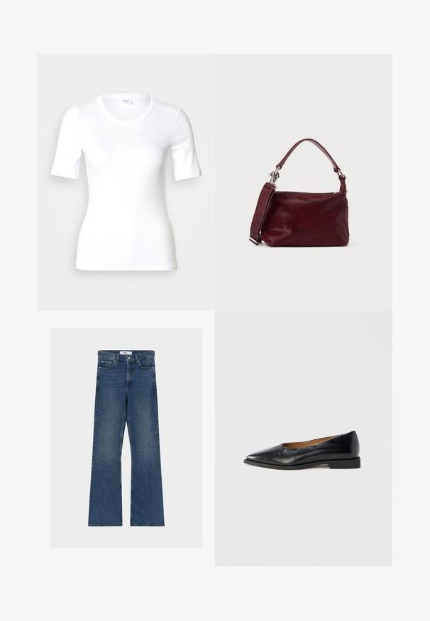 T-shirt blanc à manches courtes en coton lisse, doté d'un col rond et d'une coupe ajustée. Design classique, sans motifs ni accents.; Jean en denim bleu flare avec une taille mi-haute. Comprend des poches avant et arrière, des accessoires en métal et un tissu texturé et robuste.; Chaussure plate en cuir noir avec un bout pointu et un petit talon carré. Texture lisse, design minimaliste, sans éléments métalliques visibles ni motifs.; Petit sac à main rectangulaire bordeaux avec finition texturée, poignée courte et bandoulière amovible sur un fond clair uni.