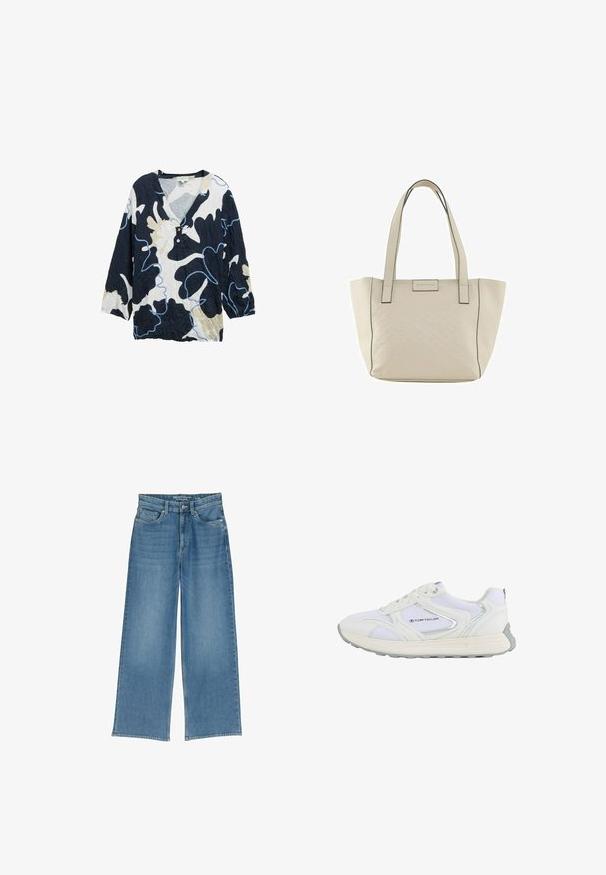 Chemise à motifs bleu marine, crème et bleu clair avec un décolleté en V, manches trois quarts et deux boutons à l'avant. Texture froissée.; Jean en denim bleu clair à jambes larges avec une taille haute, cinq poches et des coutures visibles ; le tissu a une finition légèrement texturée.; Chaussure de sport blanche avec une tige en mesh et en synthétique, présentant des accents argentés et une semelle en caoutchouc texturée, étiquetée "TOM TAILOR."; Sac fourre-tout beige avec un motif géométrique en relief, des poignées doubles et des coutures noires. Présente un logo discret à l'avant.