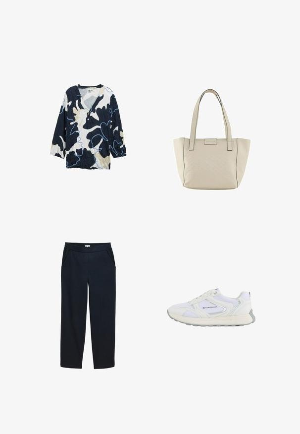 Chemise à motifs bleu marine, crème et bleu clair avec un décolleté en V, manches trois quarts et deux boutons à l'avant. Texture froissée.; Pantalons larges bleu marine foncé en tissu texturé. Dispose d'une taille élastique et de poches latérales. Design à coupe droite.; Chaussure de sport blanche avec une tige en mesh et en synthétique, présentant des accents argentés et une semelle en caoutchouc texturée, étiquetée "TOM TAILOR."; Sac fourre-tout beige avec un motif géométrique en relief, des poignées doubles et des coutures noires. Présente un logo discret à l'avant.