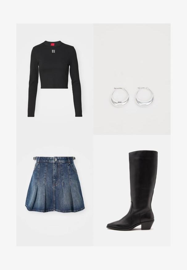 Čierne dlhé rukávy cropped top vyrobený z hladkej tkaniny, s okrúhlym výstrihom a bielym logom "HUGO" na strede hrude.; Džínová sukňa s tmavomodrým umývaním, plisovaný dizajn, zapínanie na gombík a pútka na opasok. Obsahuje jemné akcenty šitia a postranné vrecká.; Čierna kožená čižma po stred lýtka s špicatou špičkou a nízkym sklopeným podpätkom na jednoduchom svetlom pozadí.; Strieborné kruhové náušnice s lesklým povrchom a značkou DKNY, vystavené na rovnom bielom pozadí.