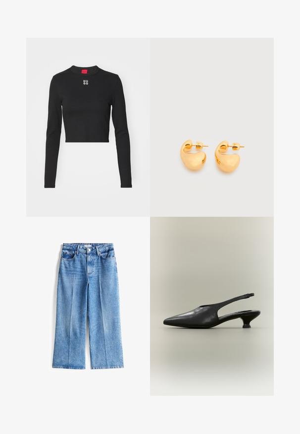 Sort langærmet cropped top lavet af glat stof, med rund hals og hvid "HUGO" logo på brystet.; Lysblå denim bukser med bred ben, høj talje, forsideknaplukning, fem lommer og frynsede kanter.; Sort læder slingback-sko med spids tå og lav kittenhæl på neutral baggrund.; Par af små, robuste ørestikker i guldfarvet metal med glatte, buede, abstrakte former på en lys baggrund.