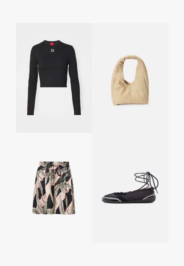 Sort langærmet cropped top lavet af glat stof, med rund hals og hvid "HUGO" logo på brystet.; Blomsterprint nederdel med sort baggrund, elastisk talje, snor detalje og en let, glat tekstur.; Sorte ballerinaer med en struktureret overdel og snøredetalje. Bemærkelsesværdige sølvdetaljer og en blød gummisål for fleksibilitet.; Beige lædertaske med et rundt håndtag, blød tekstur, asymmetrisk design og to sidelommer med lynlås.