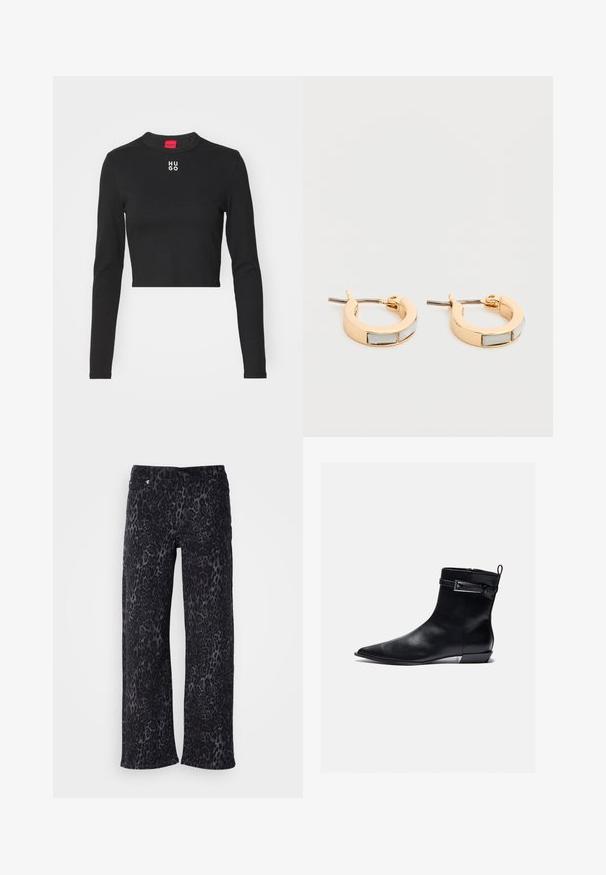 Sort langærmet cropped top lavet af glat stof, med rund hals og hvid "HUGO" logo på brystet.; Sorte leopardmønstret bukser i løs pasform. Lavet af blødt stof med en glat tekstur. Med lynlås og knaplukning.; Sort læder ankelstøvle med spids tå, flad hæl og lynlås i siden. Har en spændeaccent på manchetten for ekstra detalje. Glat tekstur.; Guld øreringe med rektangulære hvide indlæg, vist side om side på en enkel lys baggrund.
