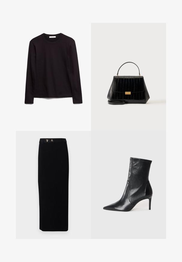 Sort langærmet t-shirt med rund hals lavet af tekstureret stof, med en lige kant og syede detaljer ved kraven og skuldrene.; AERON FORUM - Pencil skirt - black; Sorte ankelstøvler lavet af glat læder, med spids tå, tætsiddende skaft og en slank høj hæl. Minimalistisk design uden synligt hardware.; Sort lædertaske med top-håndtag, guldlås og aftagelig skulderrem på en ensfarvet lys baggrund.