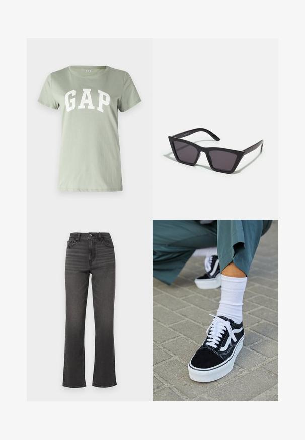 GAP TEE - Μπλουζάκι με στάμπα - desert sage; Ψηλόμεσα, ίσια τζην παντελόνια σε σκούρο γκρι τζιν με ελαφρές φθορές, μπροστινές τσέπες και κλείσιμο με έναν μόνο κουμπί. Καθαρός, μινιμαλιστικός σχεδιασμός.; Μαύρο σουέτ sneaker με λευκές λεπτομέρειες και κορδόνια, με παχύ λευκό πάτο και αντίθετη ραφή, συνοδευόμενο από λευκή κάλτσα.; Μαύρα, γωνιώδη γυαλιά ηλίου με γκρι φακούς; κατασκευασμένα από πλαστικό, με χοντρές βραχίονες με λεία επιφάνεια και χωρίς ορατό μηχανισμό.