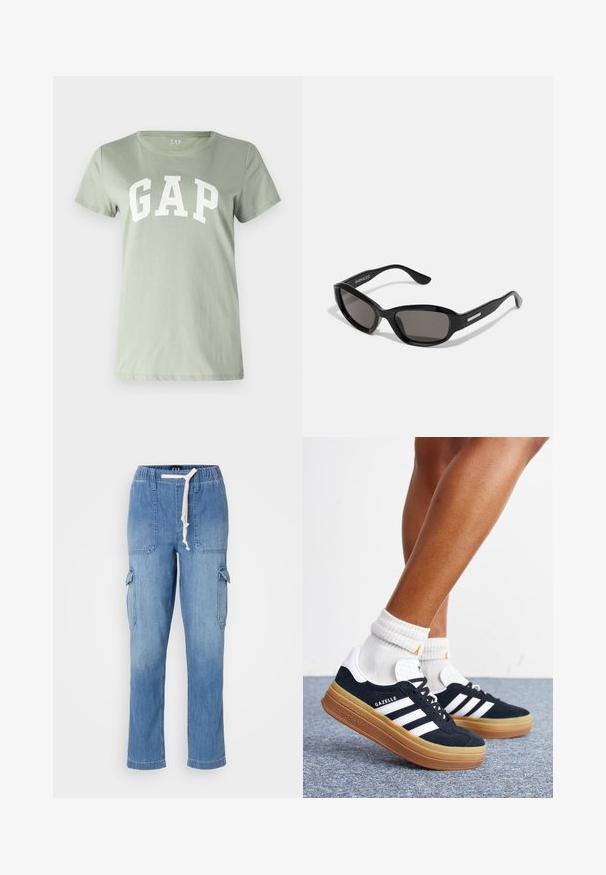 GAP TEE - Μπλουζάκι με στάμπα - desert sage; Γαλάζιο τζιν cargo παντελόνι με ελαστική μέση, κορδόνι, πλαϊνές τσέπες και τσέπες με λάσπη στους μηρούς.; Πόδια με λευκές κάλτσες και μαύρα αθλητικά παπούτσια Adidas Gazelle με λευκές ρίγες και χοντρές καφέ σόλες σε γκρι χαλί.; Μαύρα γυαλιά ηλίου με ορθογώνιο σκελετό, σκούρους φακούς, λεία πλαστική υφή και μεταλλική λεπτομέρεια στο βραχίονα.
